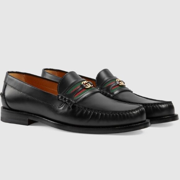 NIB Gucci Kaveh web interlocking G black leather loafers- G 12/ US 13 - Picture 1 of 8